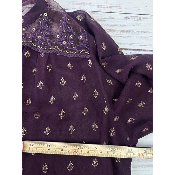 Bila Top Women XXL Burgundy Sheer Popover V Neck Long Sleeve Beaded Embroidered - Picture 11 of 14
